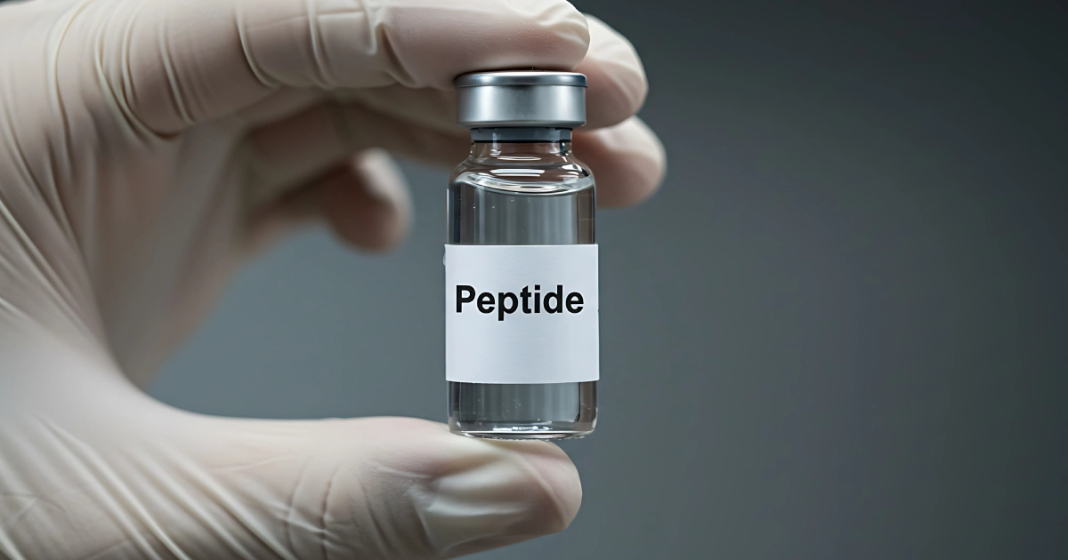 Vial of Peptide held by a gloved hand, symbolic of PEPTIDES THERAPY in SCOTTSDALE, AZ.